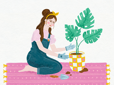 Plant Love digital female figure gardening happy home illustration monstera plants potting procreate woman