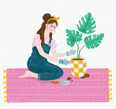 Plant Love digital female figure gardening happy home illustration monstera plants potting procreate woman