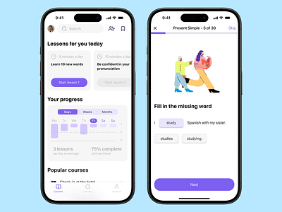 Language learning app for beginners in English app beginner button course easy education educational figma intuitive language learn lesson minimalistic navigation bar progress bar simple statistics tile ui ux