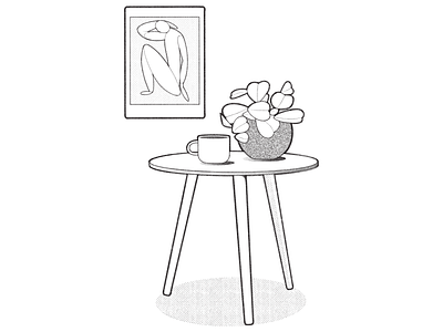 coffee table black and white cartoon coffee comic details drawing home illustration line minimal monochrome pencil plant procreate product design simple table ui ux web design