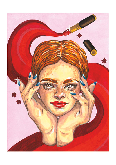 Lipstick barbie beauty character commercial contemporary art editorial expressive art feminine glamour gouache hands illustration illustrator makeup modern art painting portrait sparkles stars woman