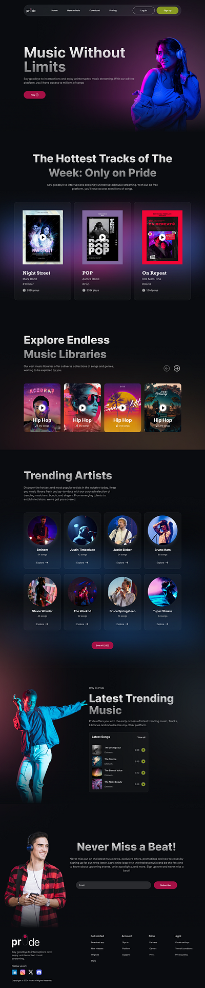 Pride - Enjoy music without interruptions design hero secrtion home page landing page music portfolio ui web app website