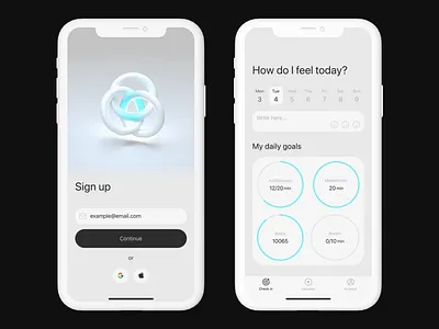Emotional wellbeing & Mental Health mobile app UX UI 3d emotional wellbeing emotions figma grey health lifestyle light theme main page mental health minimalistic note progress bar sign up simple ui ux video white womp