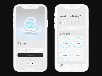 Emotional wellbeing & Mental Health mobile app UX UI 3d emotional wellbeing emotions figma grey health lifestyle light theme main page mental health minimalistic note progress bar sign up simple ui ux video white womp