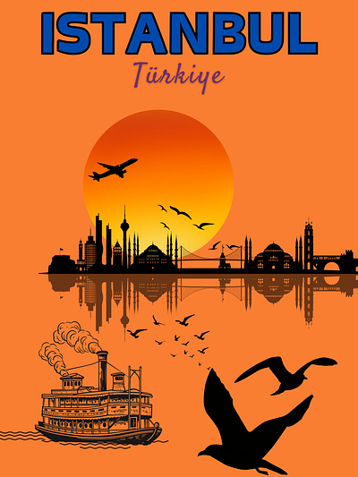 Istanbul Turkiye Themed Wall Poster for Sell advertising citylife cruise customizable graphic design homedecor istanbul poster seagull sunset turkiye wall art wall decor wall poster