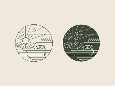 Fishing / Outdoors Illustrative Badge adventure apparel badge coast fishing horizon icon illustration lake logo outdoors stamp sun