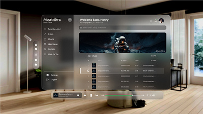 MuzixStra. - Music Player UI, Spatial Design Concept apple vision pro glassmorphism music player ui spatial design ui uiux user interface virtual reality
