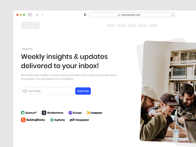 Newsletter button companies cta design exploration figma hero section input field landing page light mode navigation newsletter photo product design sign up social proof subscribe ui ux web web design