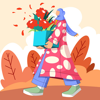 woman carrying flowers flat flat illustration flower illustration vector women