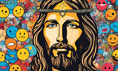 Modern Pop Art Jesus with Glowing Emoji Halo D1 canva design graphic design illustration