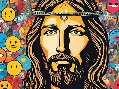 Modern Pop Art Jesus with Glowing Emoji Halo D1 canva design graphic design illustration