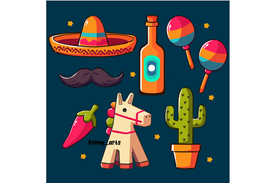 Elements Collection Mexico Icon Illustration bottle cactus celebration country culture decoration elements event festival fiesta icon illustration items mexican mexico party sombrero symbol traditional vector