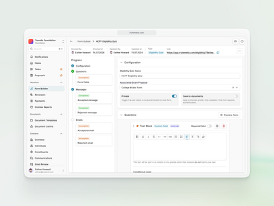 Form Builder app dashboard form builder grant management progress question text block ui ux