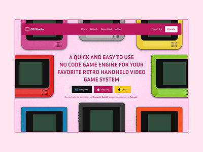 GB Studio copywriting emulator floating header game boy hero section landing page linux mac multichromatic multiple links nigerian noise texture one pager retro gaming simple copy software video game web design website windows