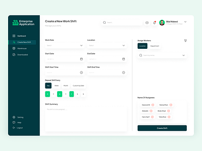 Enterprise Application: Create a New Work Shift dashboard dashboard screen enterprise management saas ui ux web app web application