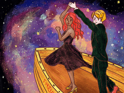 Starry Night Illustration artwork boat character couple dance dancing drawing galaxy graphic design illustration korean love mood night romantic star