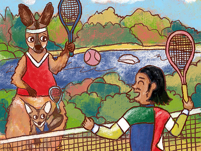 Tennis with Kangaroo Illustration activity animal artwork australia character drawing fun graphic design illustration kangaroo korean outdoor sports tennis