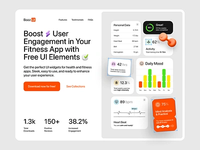 BoozUI – Health & Fitness Website component cycling dashboard design fitness freebies health homepage landing page running simple statistics template tracker ui ui element ux webdesign website widget