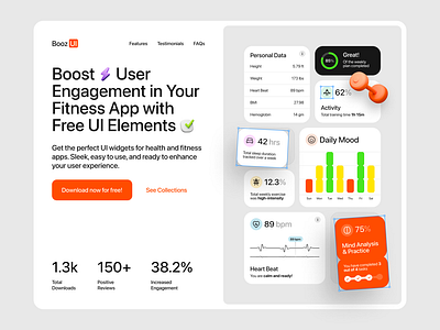 BoozUI – Health & Fitness Website component cycling dashboard design fitness freebies health homepage landing page running simple statistics template tracker ui ui element ux webdesign website widget