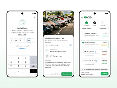 Smart Parking App car parking app choose permit mobile app design parking detail parking slot ui permit app ui ux verify mobile visual design