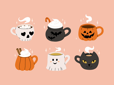 Halloween mugs set 1 cartoon cat character concept cute design fall flat halloween illustration mug pumpkin treat vector