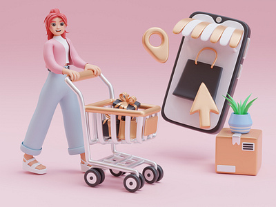 3D Character Illustration of a Shopping Girl 3d 3d art 3d character 3d illustration 3d modeling blender blender art blender modeling character illustration design e commerce girl illustration online shopping people sales shopping website illustration woman