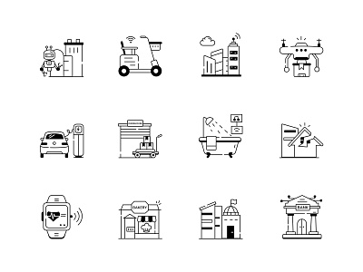 Smart City Vectors architecture building cityscape design editorial futuristic icons illustration illustrator line icons outline residencial robots skyline smart city smarthome stroke technology vector vehicle