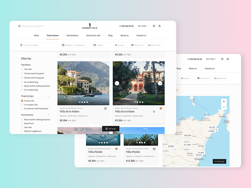 Seafront - villa reservation website booking luxury real estate product design result page travel ui ux villas web design