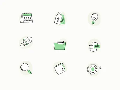 Icon style in green brushes calendar chat folder icon idea illustration illustrator lightbulb magnifying glass messages pay price rocket search ui illustration vector wallet