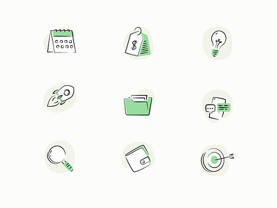 Icon style in green brushes calendar chat folder icon idea illustration illustrator lightbulb magnifying glass messages pay price rocket search ui illustration vector wallet