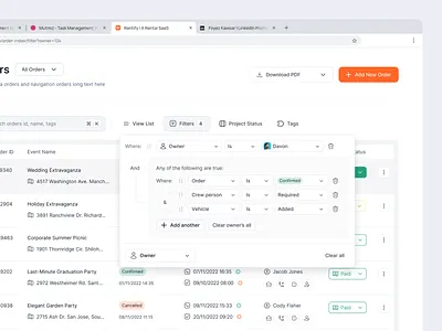 Rental Management Dashboard | Filter Components dashboard dropdown filter management order rental saas sort sorting ui ux