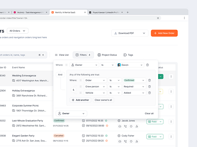 Rental Management Dashboard | Filter Components dashboard dropdown filter management order rental saas sort sorting ui ux