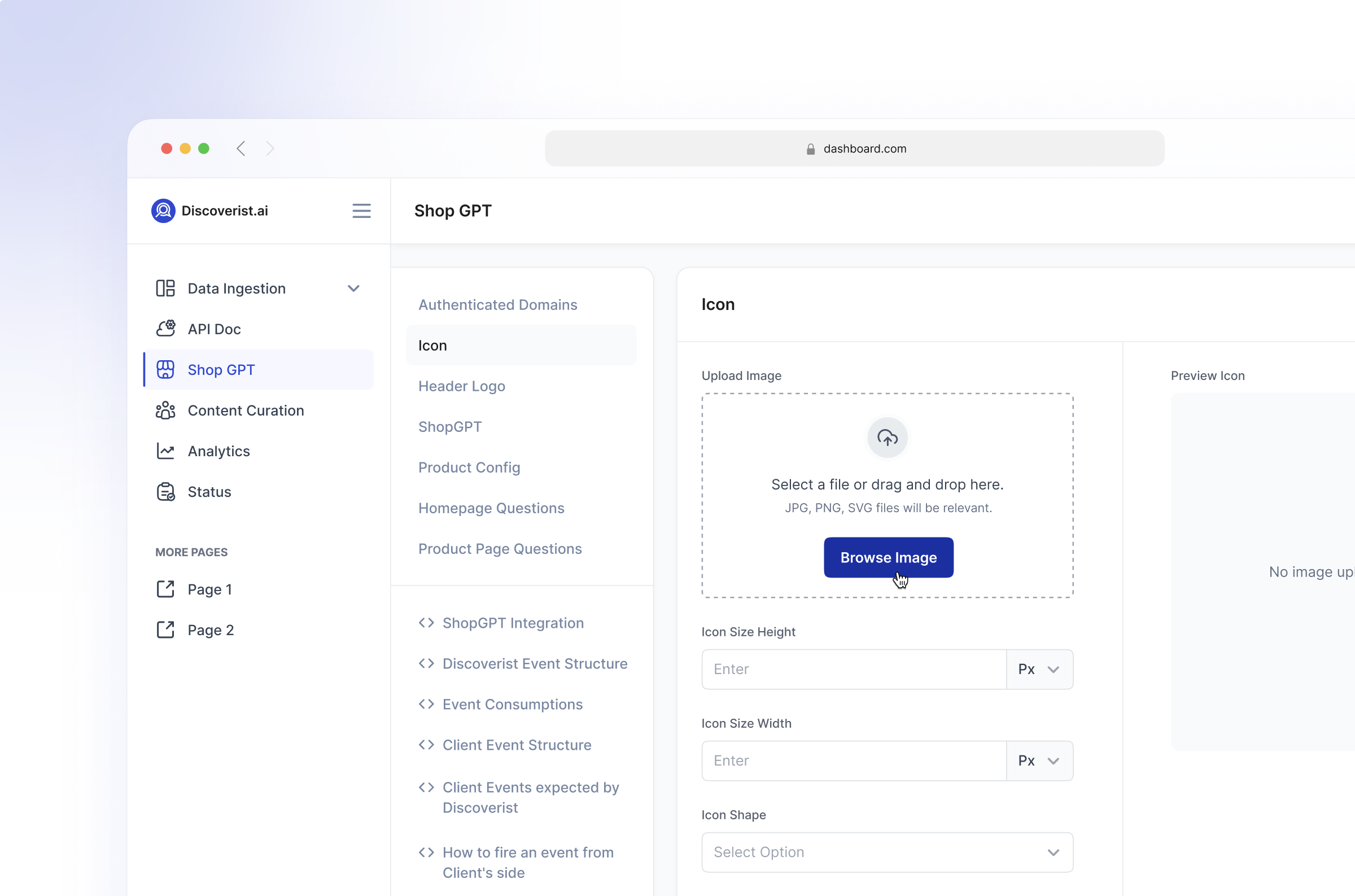 Icon Image Upload | GPT admin panel dashboard design icon dashboard icon upload internal web app product design saas shop gpt shopify shopify integration ui user interface
