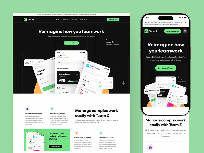 TeamZ - Team Management App Landing app app design app landing branding clean design landing page management minimal responsive saas saas landing team ui ux design web design