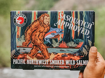 Sasquatch Approved 2d ape bigfoot cryptid digital painting fish food forest illustration monster northwest pacific packaging pnw retro salmon sasquatch smoked woods yeti