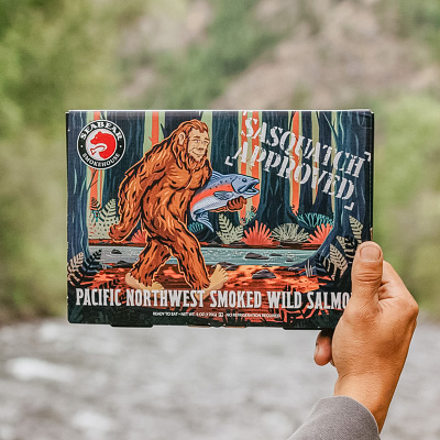 Sasquatch Approved 2d ape bigfoot cryptid digital painting fish food forest illustration monster northwest pacific packaging pnw retro salmon sasquatch smoked woods yeti