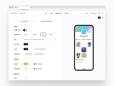 Link-in-bio creator for Web3 (showing custom NFT grid display) blockchain branding browser app creator tools creators crypto mobile design product design ui ux web3