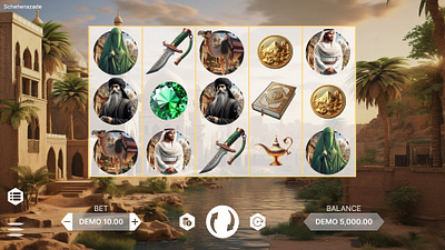 Scheherazade Slot Game app betting branding casino design gambling game design gaming graphic design illustration logo minimal motion graphics slot game slots typography ui ux vector web