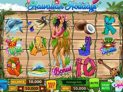 Summer themed online slot machine "Hawaiian Holidays" digital art gambling game art game design game designer graphic design hawaii hawaiian game hawaiian slot illustration reels slot design slot designer slot game art slot reels ui