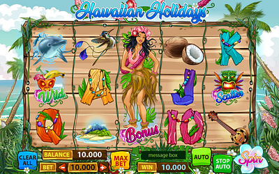 Summer themed online slot machine "Hawaiian Holidays" digital art gambling game art game design game designer graphic design hawaii hawaiian game hawaiian slot illustration reels slot design slot designer slot game art slot reels ui