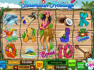 Summer themed online slot machine "Hawaiian Holidays" digital art gambling game art game design game designer graphic design hawaii hawaiian game hawaiian slot illustration reels slot design slot designer slot game art slot reels ui