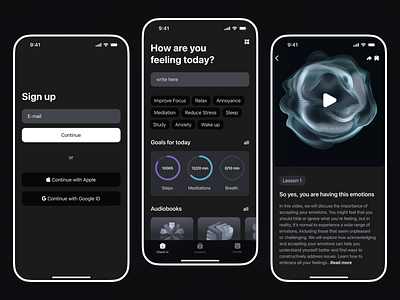 Mental Health Mobile App app design dark emotions focus health healthcare ios app meditation mindset mobile mobile app mood tracker relax sound stressrelief ui ux wellbeing wellness