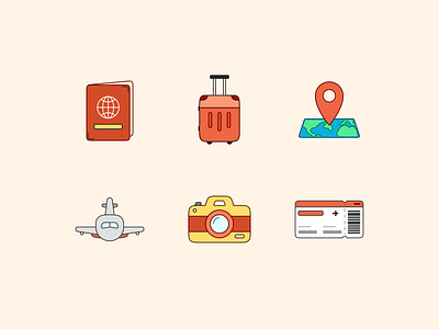 Travel Essentials Mini Icon Set airplane camera clean flat design icon icon design illustration map minimal passport suitcase travel travel essentials travel icon travel illustration travel ticket ui ux vector vector art vector icon