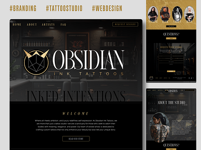 Tattoo Studio Website Template black and gold branding design edgy luxury brand obsidian showit tattoo artist tattoo brand tattoo studio template webdesign website template