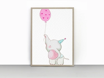 Cute little elephant with pink balloon animal baby elephant cartoon child art children book children illustration digital art elephant greeting card home decor illustration kids art mammal pastel poster design print wall art watercolor art wildlife zoo