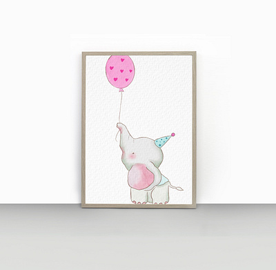 Cute little elephant with pink balloon animal baby elephant cartoon child art children book children illustration digital art elephant greeting card home decor illustration kids art mammal pastel poster design print wall art watercolor art wildlife zoo