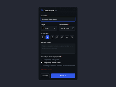 Create Goal | ◑ Dark Mode 123done button clean create create goal dark dark mode dark theme design figma form input minimalism modal ui