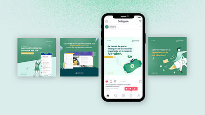 Social graphics with illustration system for Real Estate CRM app dynamic graphic design green illustration modern monochromatic social graphics social media texture trendy