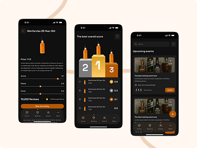 Rating a whisky, mobile app brown color events leaderboard mobile app rating system reviews space grotesk ui upcoming events ux whisky whisky app