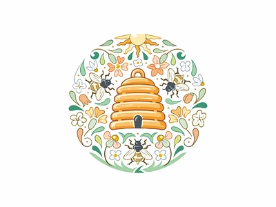 Honey Bee Logo bee beekeeping circle colorful feminine flowers hive honey logo insect joy meadow packaging sun vintage